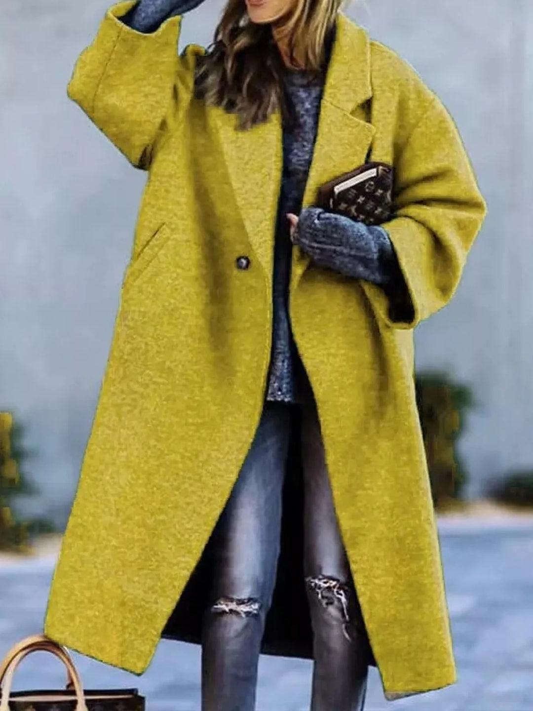 Oversized lapel one button longline in yellow, front view