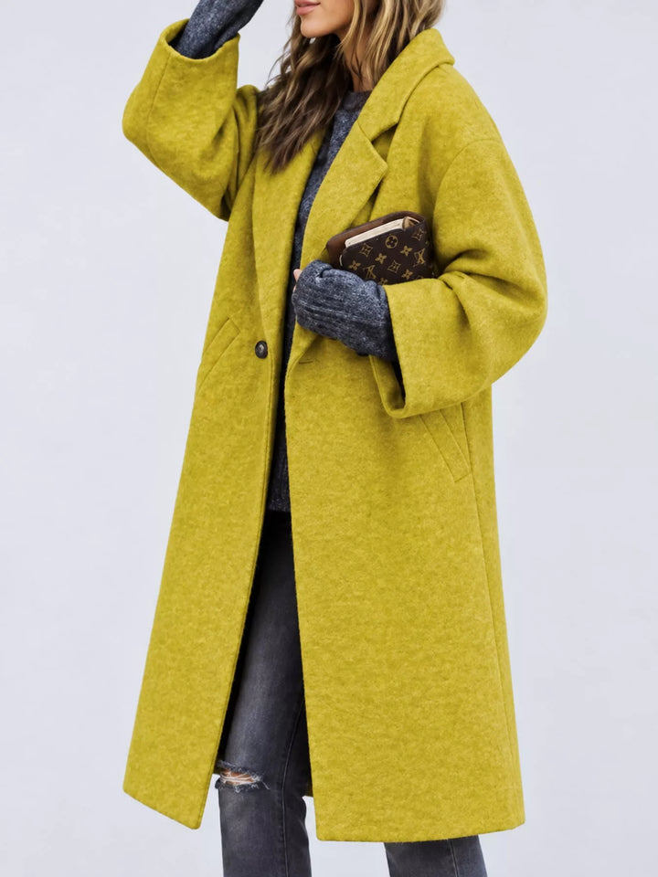 Oversized lapel one button longline in yellow, styled on model