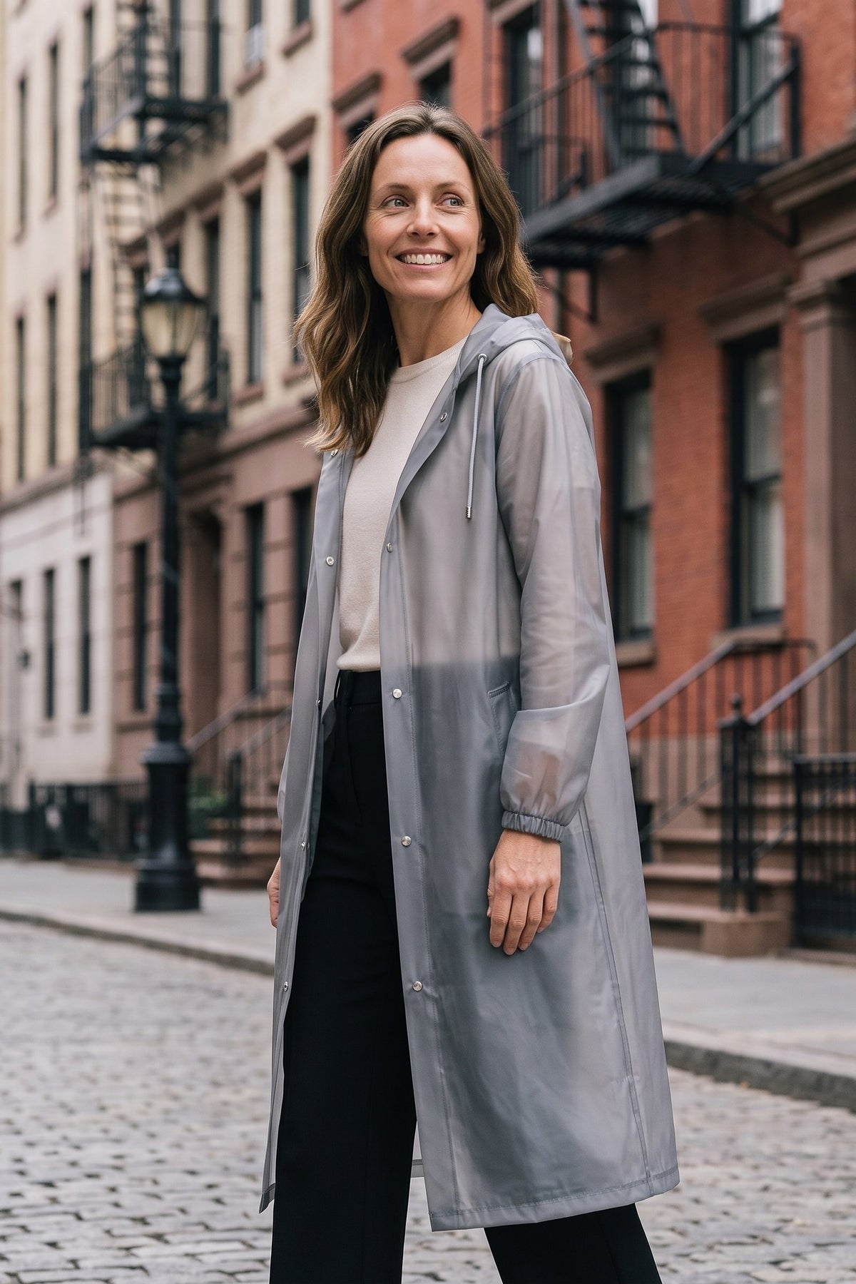 Women's Long Hooded Raincoat | Snap Front — Grey — lifestyle — on model