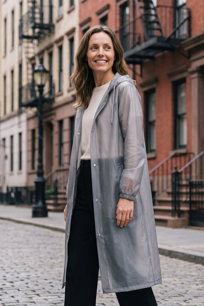 Women's Long Hooded Raincoat | Snap Front — Grey — lifestyle — on model