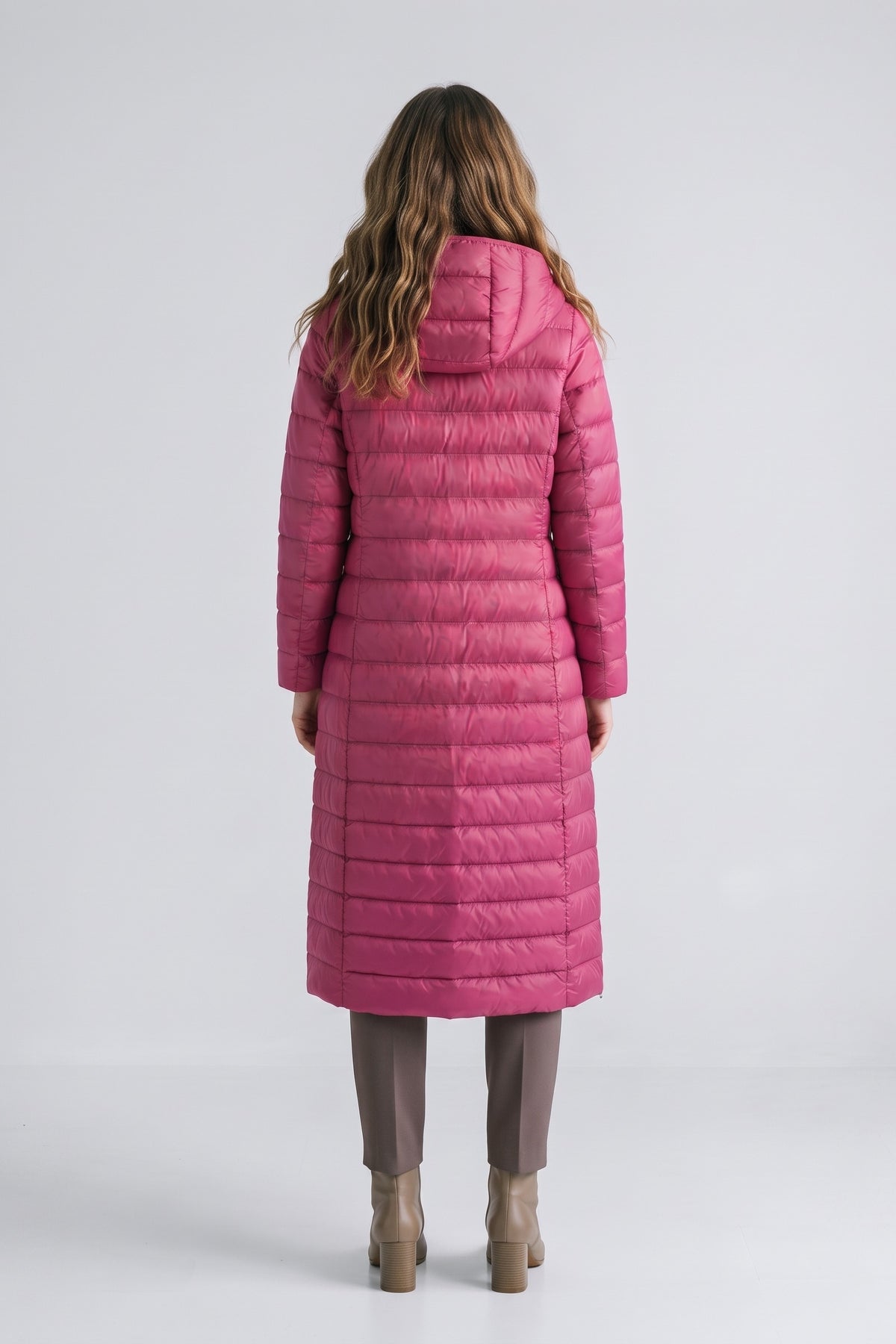 Women's Long Puffer Jacket | Hooded — Dark Pink — back view — on model