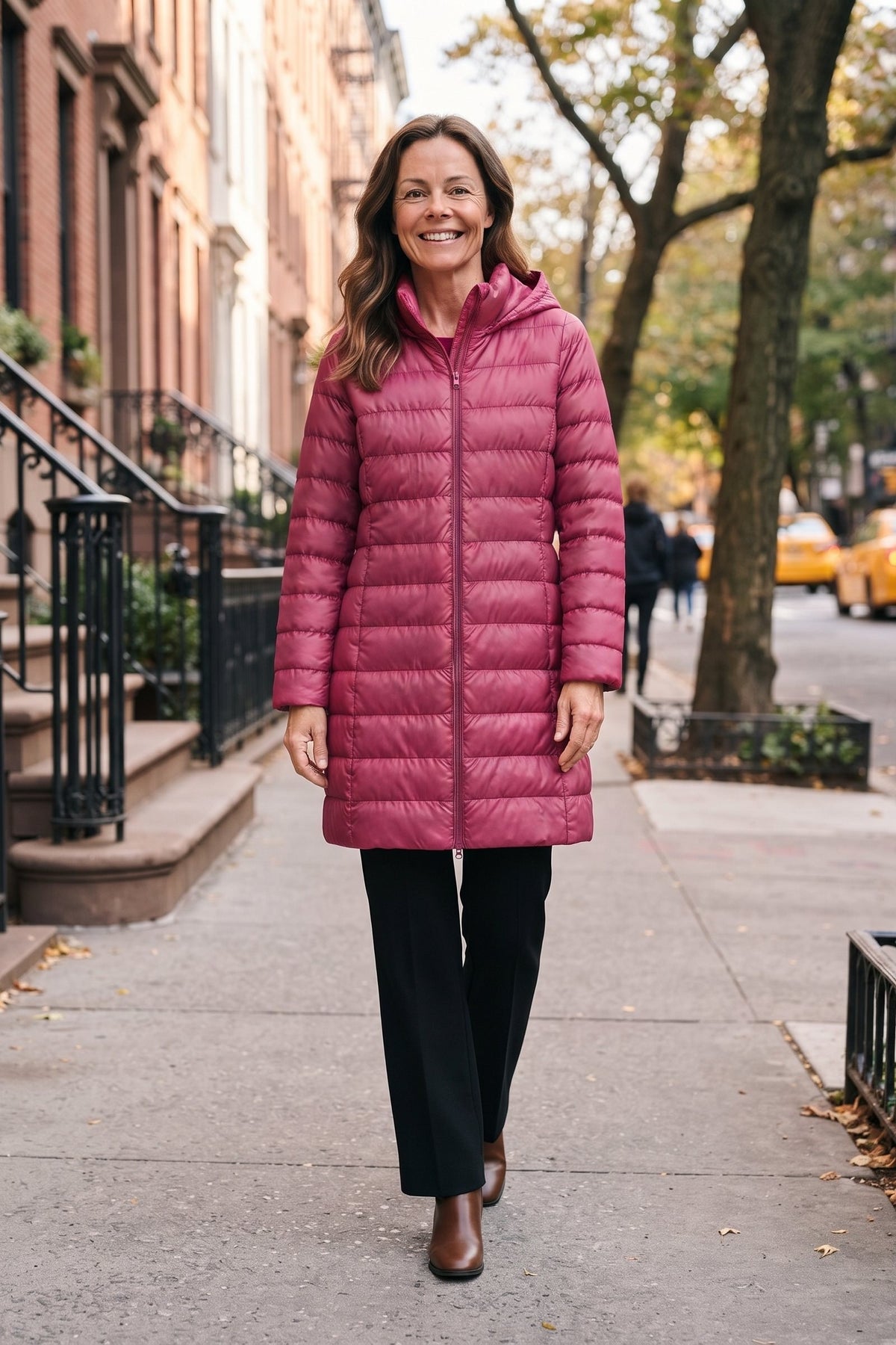 Women's Long Puffer Jacket | Hooded — Dark Pink — lifestyle — on model