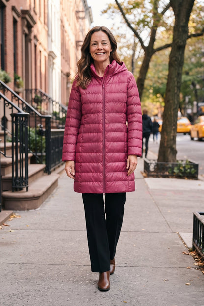 Women's Long Puffer Jacket | Hooded — Dark Pink — lifestyle — on model