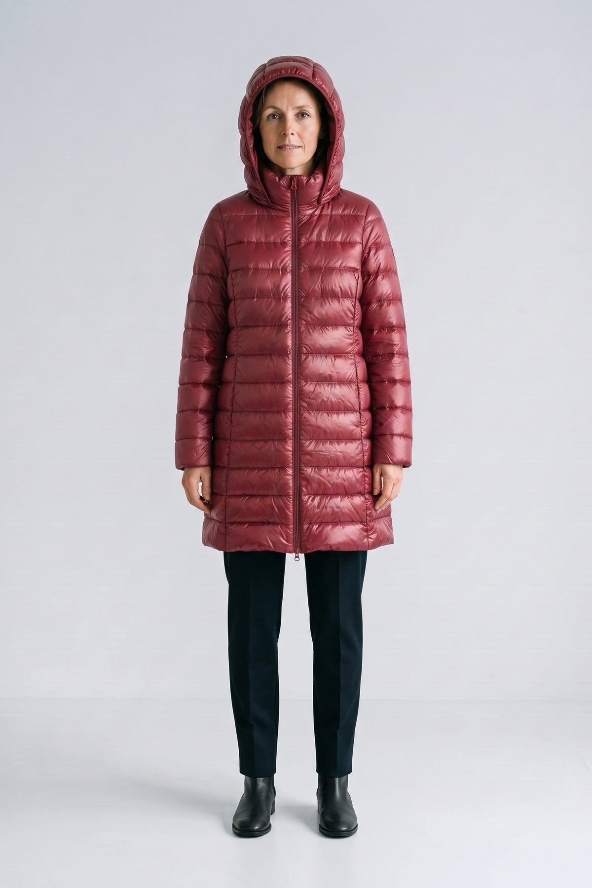 Women's Long Puffer Jacket | Hooded — Red — front view — on model