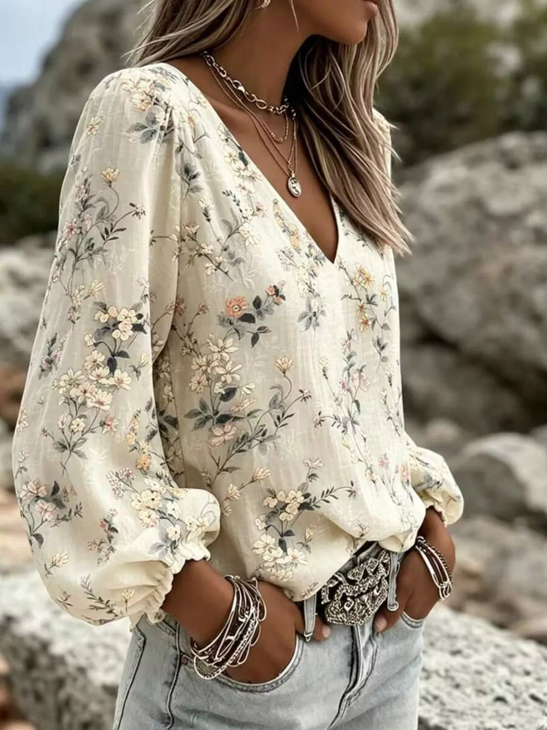 Floral print v-neck lace trim cuffs in cream, styled on model 2