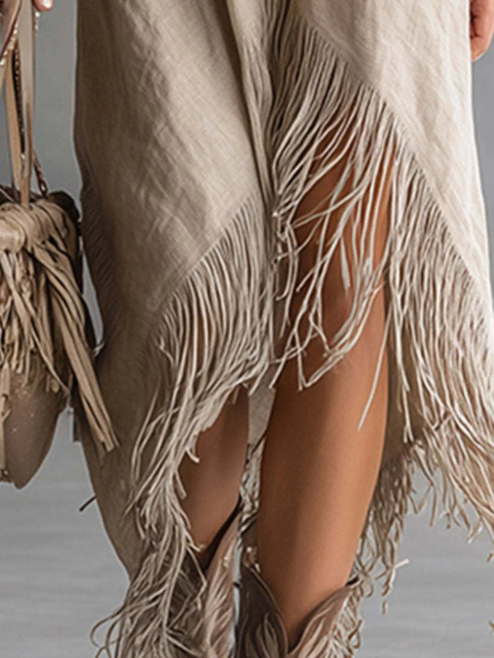 Fringe hem half zip collared maxi in khaki, close-up detail