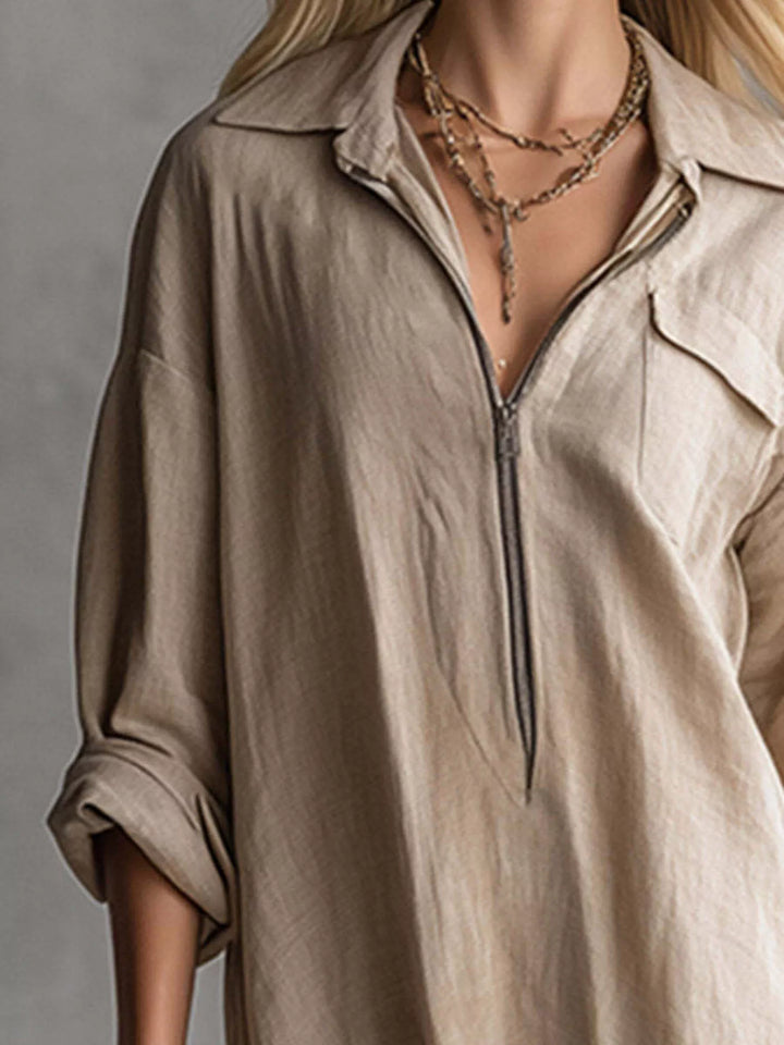 Fringe hem half zip collared maxi in khaki, front view 2