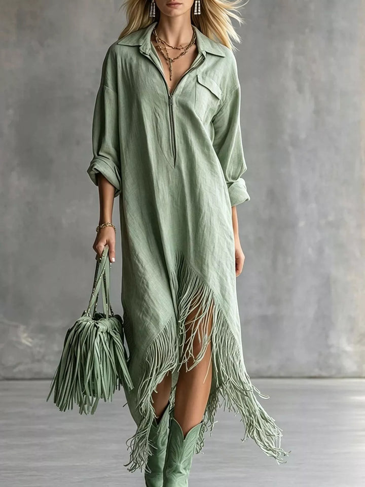 Fringe hem half zip collared maxi in light green, front view