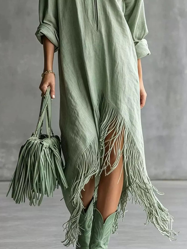 Fringe hem half zip collared maxi in light green, styled on model