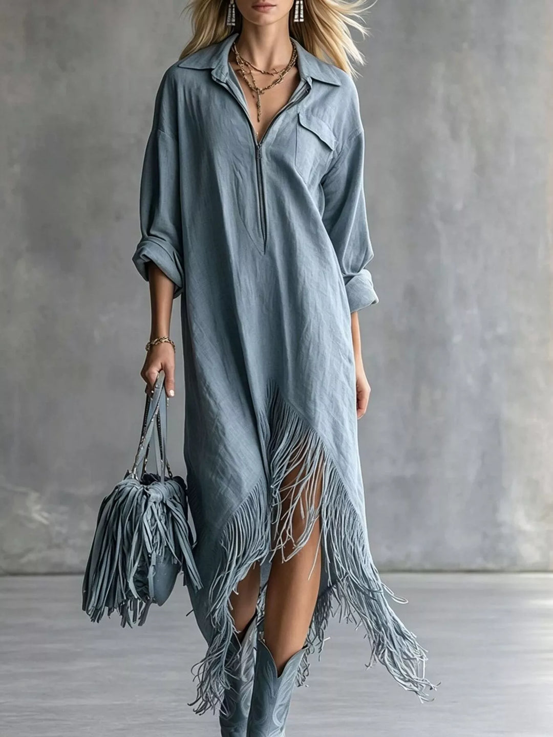 Fringe hem half zip collared maxi in navy, front view