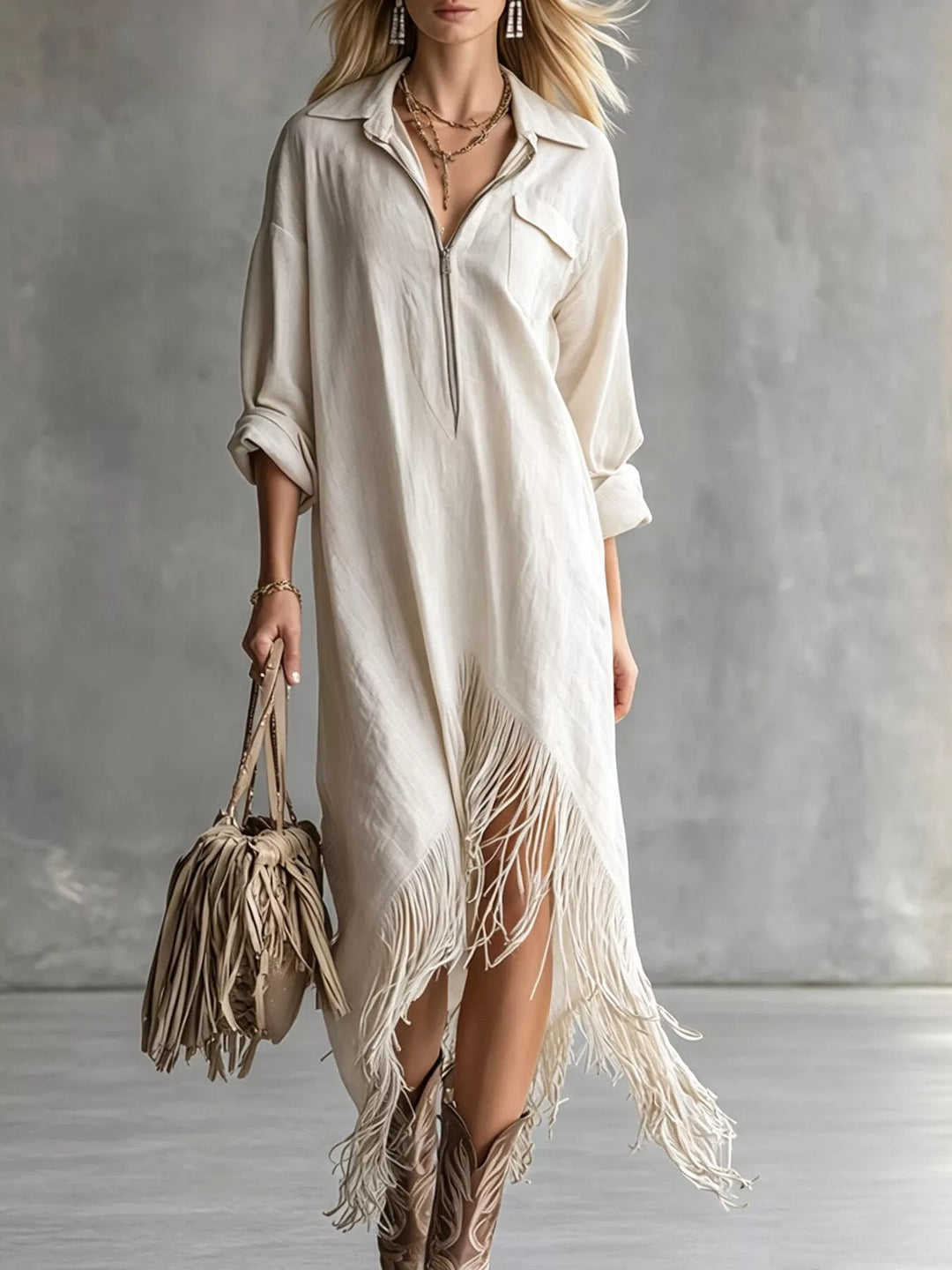 Women's long sleeve dress in white, fringe hem half zip collared maxi