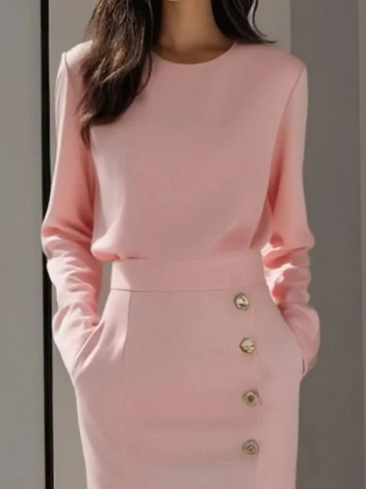 Round neck side button slit pockets in pink, close-up detail 2