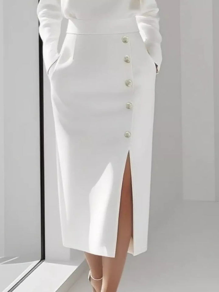 Round neck side button slit pockets in white, close-up detail 2