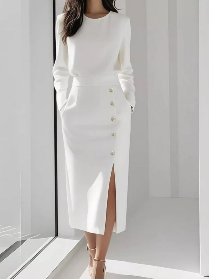 Round neck side button slit pockets in white, front view