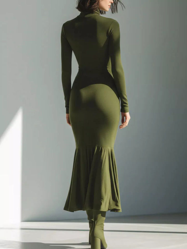 Turtleneck ruched mermaid hem maxi in army green, back view