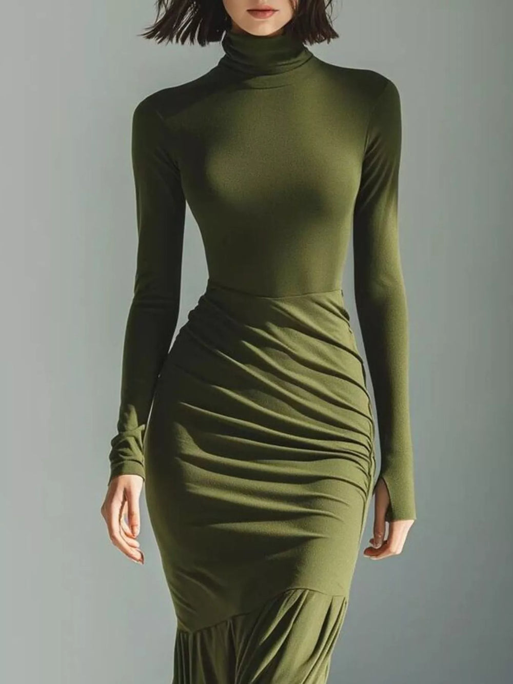 Turtleneck ruched mermaid hem maxi in army green, close-up detail