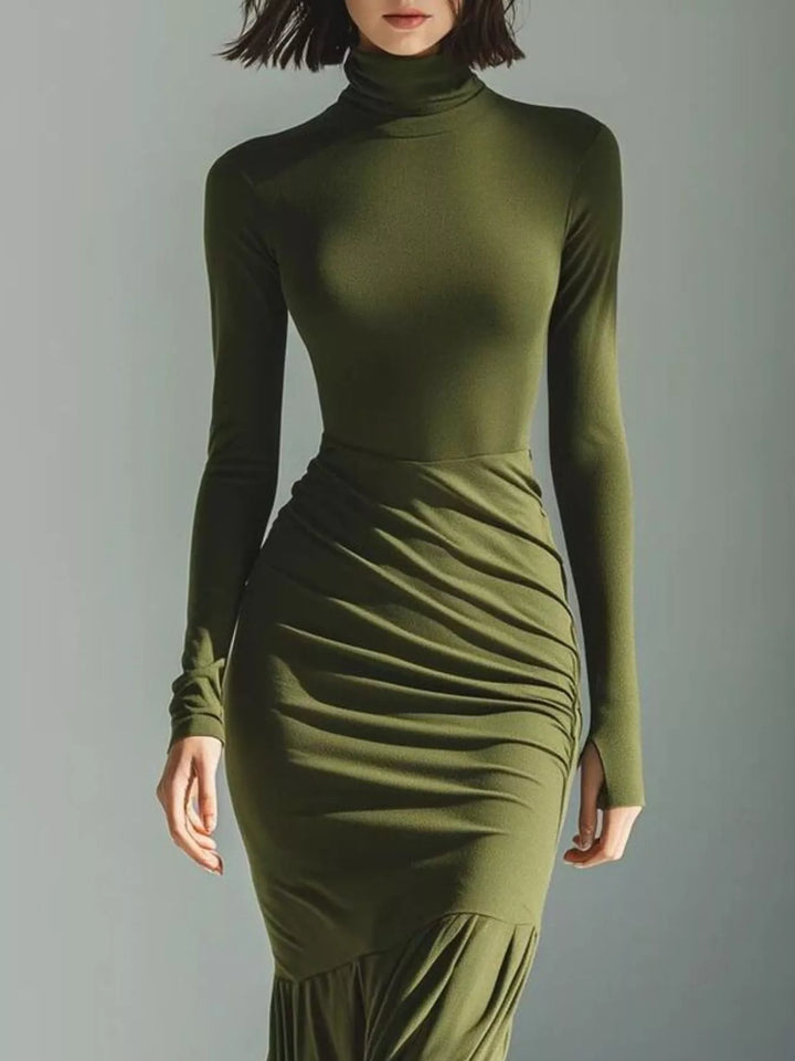 Turtleneck ruched mermaid hem maxi in army green, close-up detail