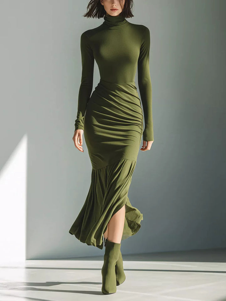 Women's long sleeve dress in army green, turtleneck ruched mermaid hem maxi