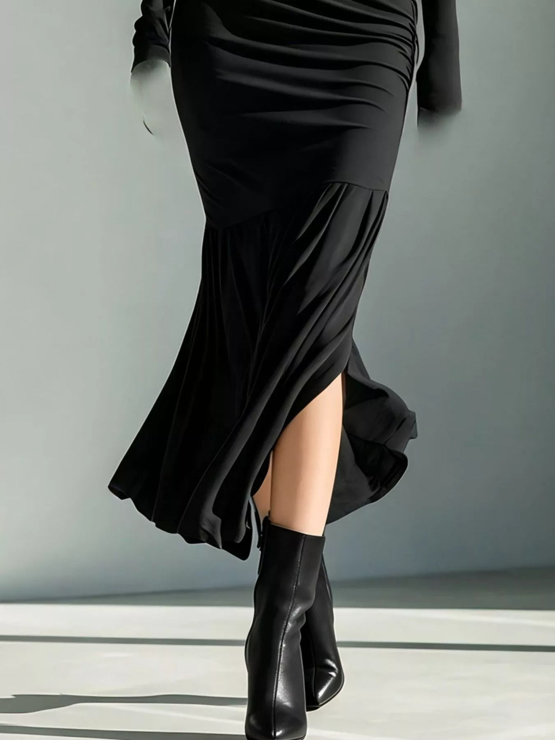 Turtleneck ruched mermaid hem maxi in black, close-up detail 2