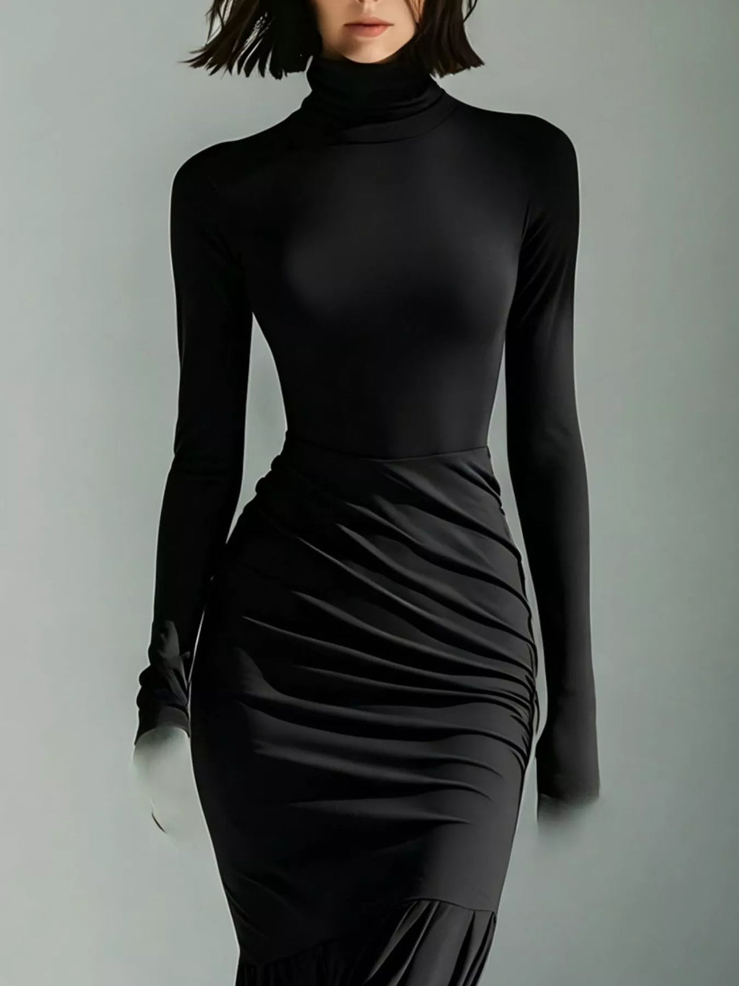 Turtleneck ruched mermaid hem maxi in black, close-up detail