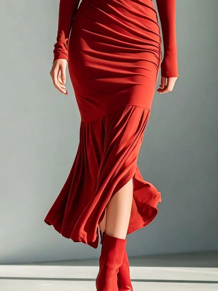 Turtleneck ruched mermaid hem maxi in red, close-up detail 2