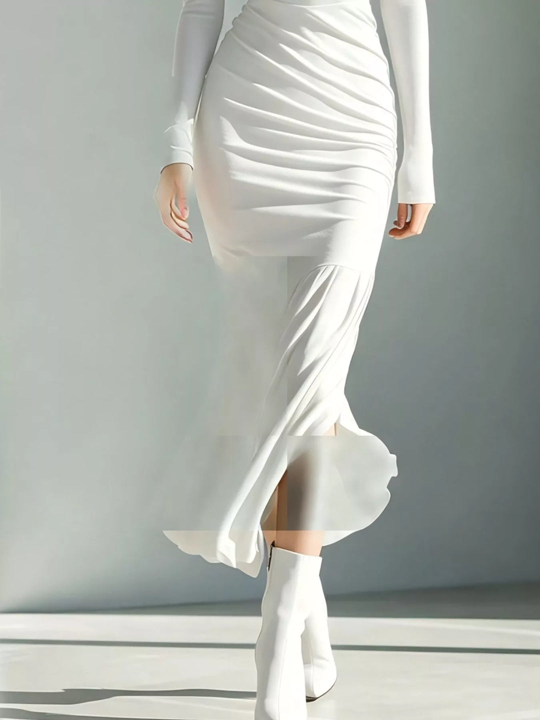 Turtleneck ruched mermaid hem maxi in white, close-up detail 2