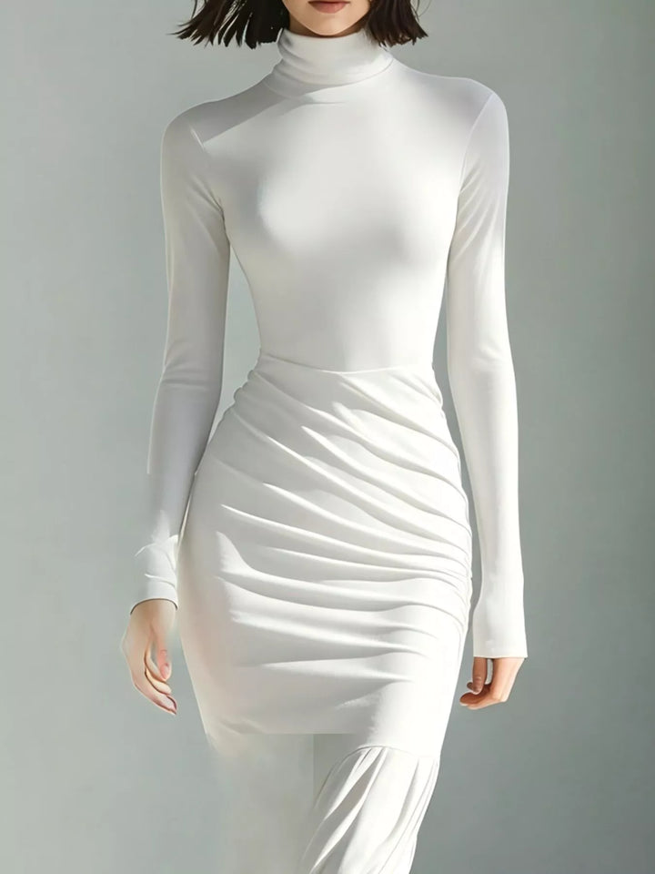 Turtleneck ruched mermaid hem maxi in white, close-up detail
