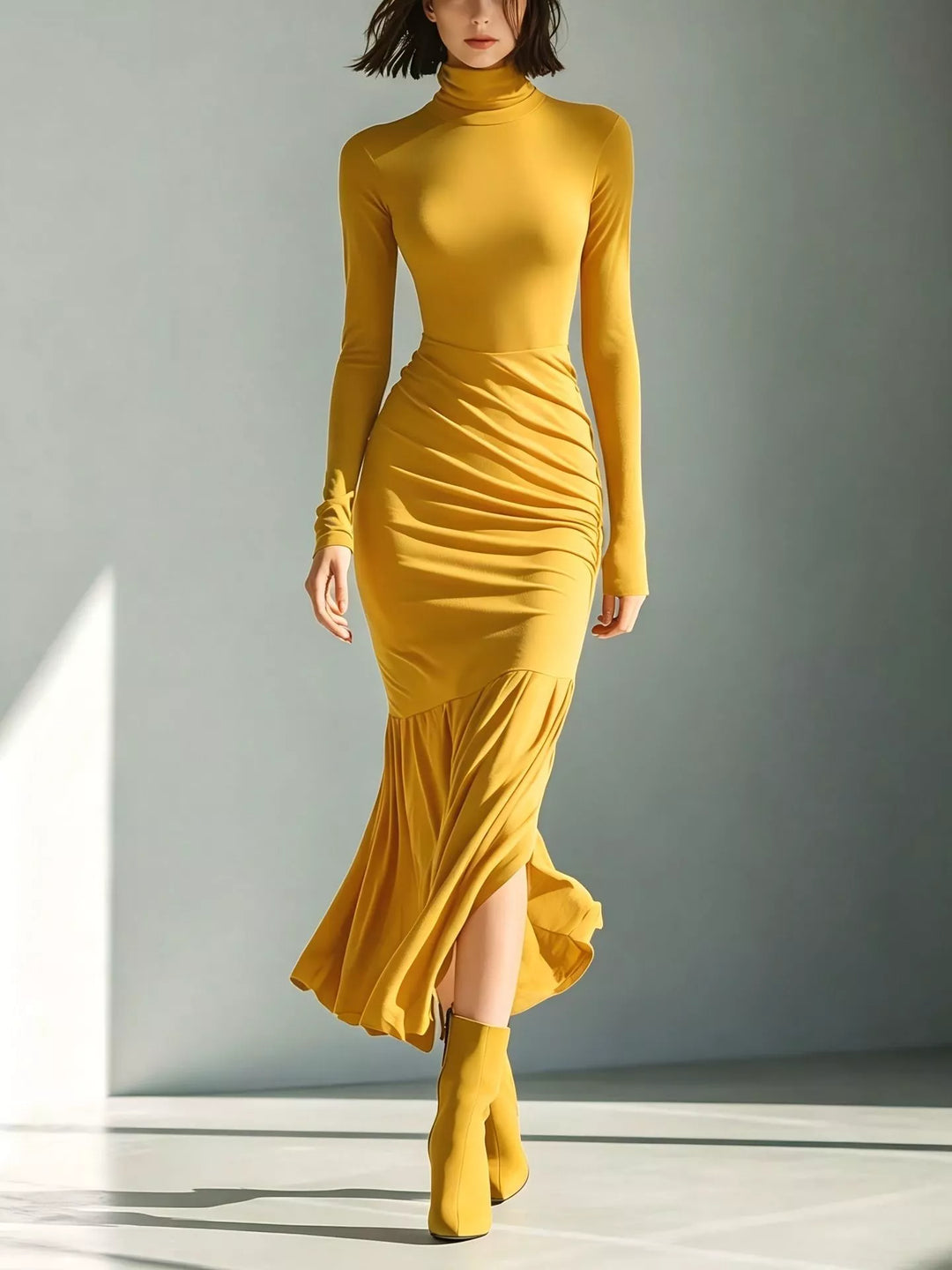 Turtleneck ruched mermaid hem maxi in yellow, front view