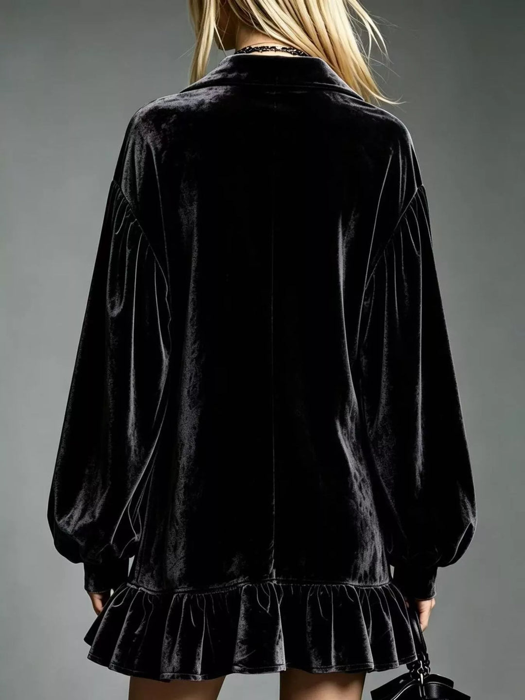 Velvet-look ruffle hem collar mini in black, back view
