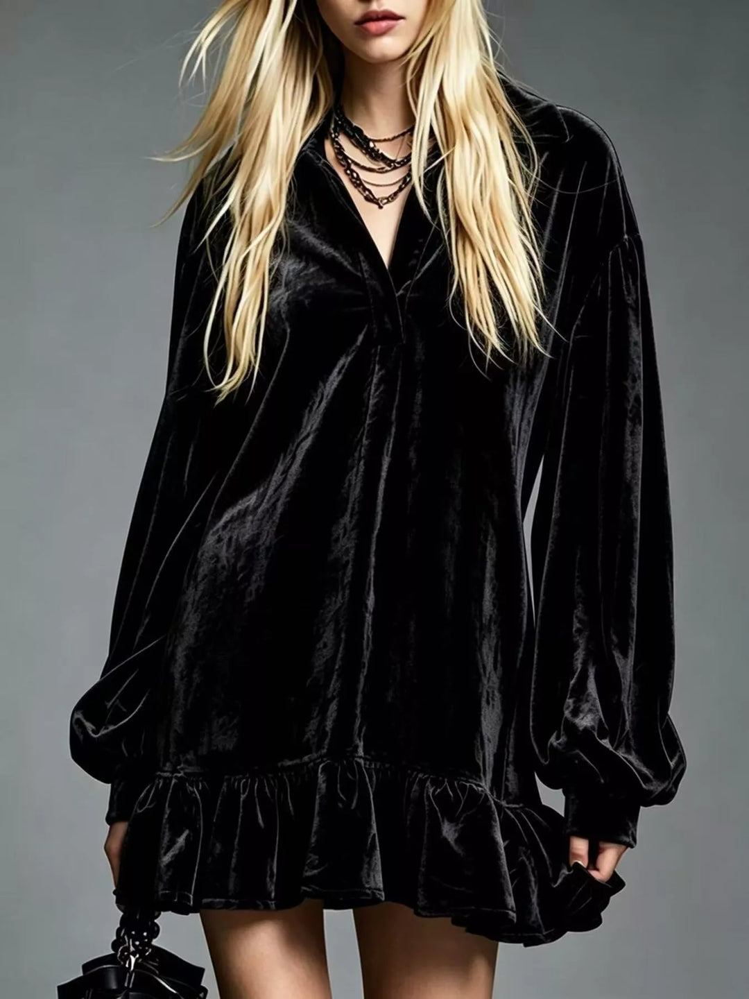 Velvet-look ruffle hem collar mini in black, front view