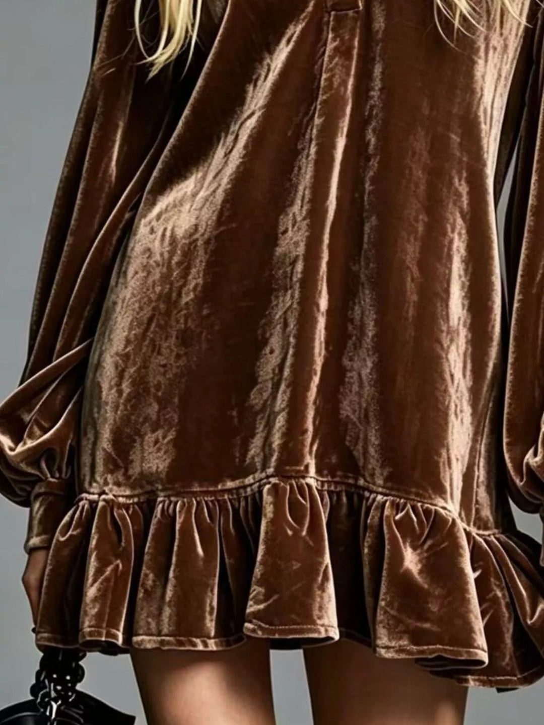 Velvet-look ruffle hem collar mini in brown, close-up detail