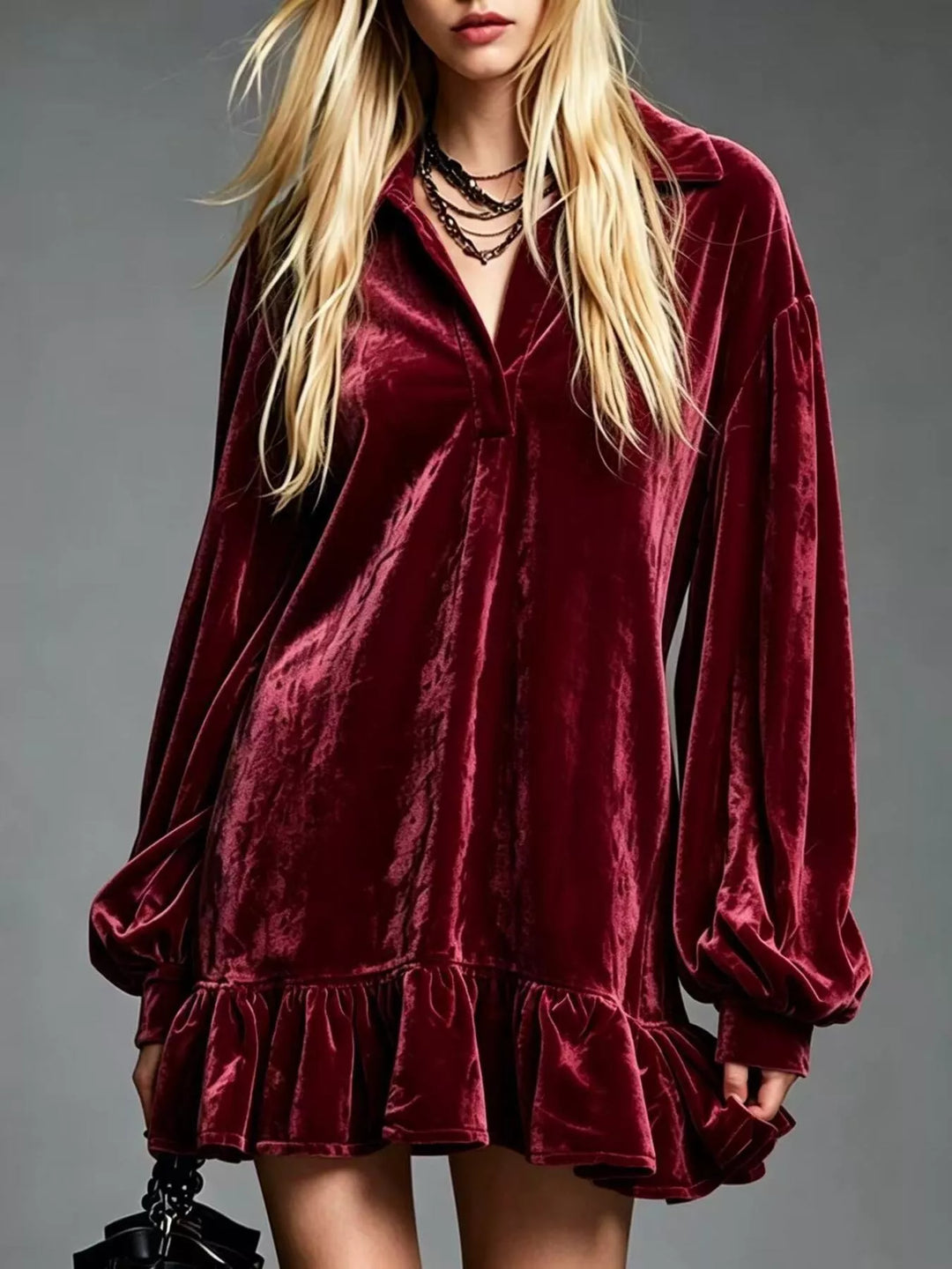Velvet-look ruffle hem collar mini in burgundy, front view