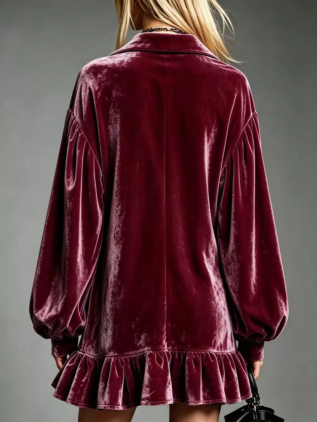 Velvet-look ruffle hem collar mini in burgundy, styled on model
