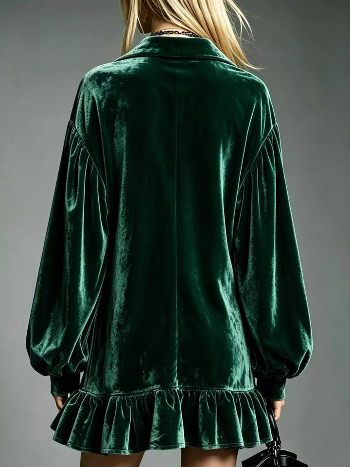 Velvet-look ruffle hem collar mini in dark green, back view