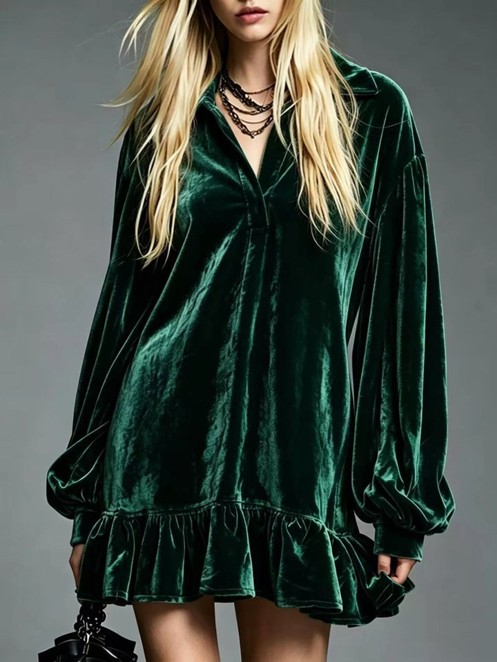 Velvet-look ruffle hem collar mini in dark green, front view