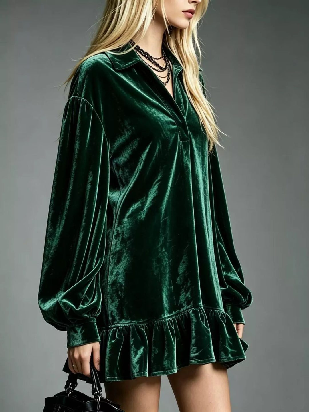 Velvet-look ruffle hem collar mini in dark green, styled on model
