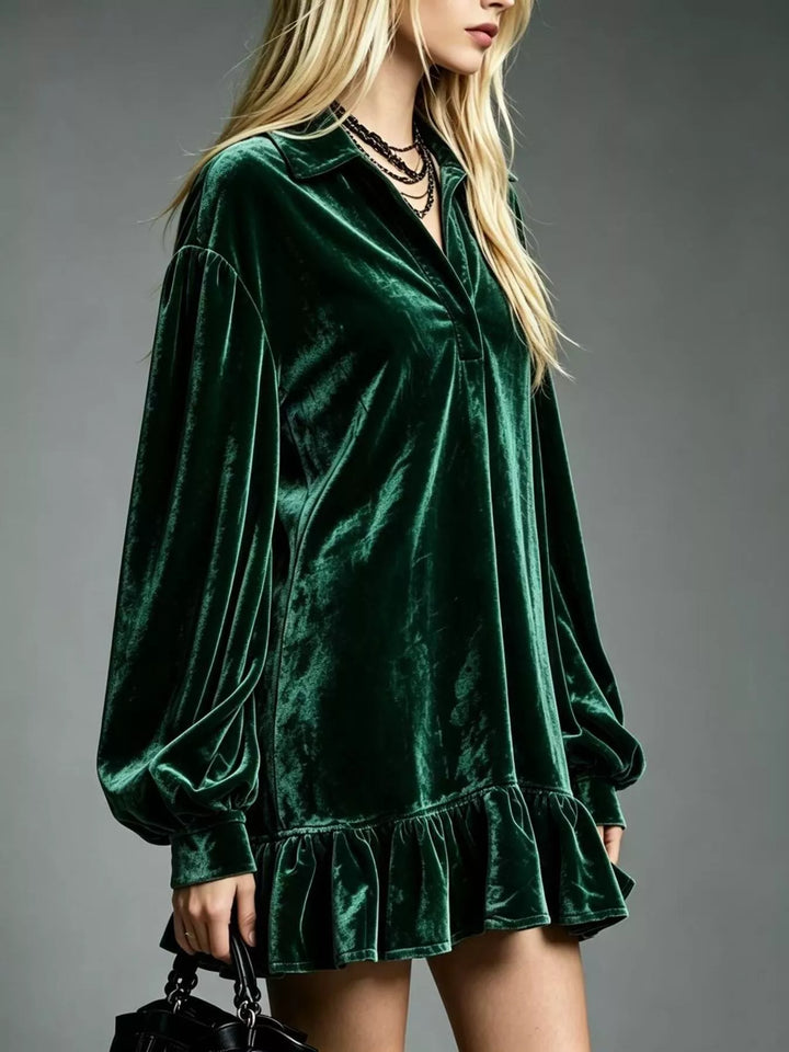 Velvet-look ruffle hem collar mini in dark green, styled on model