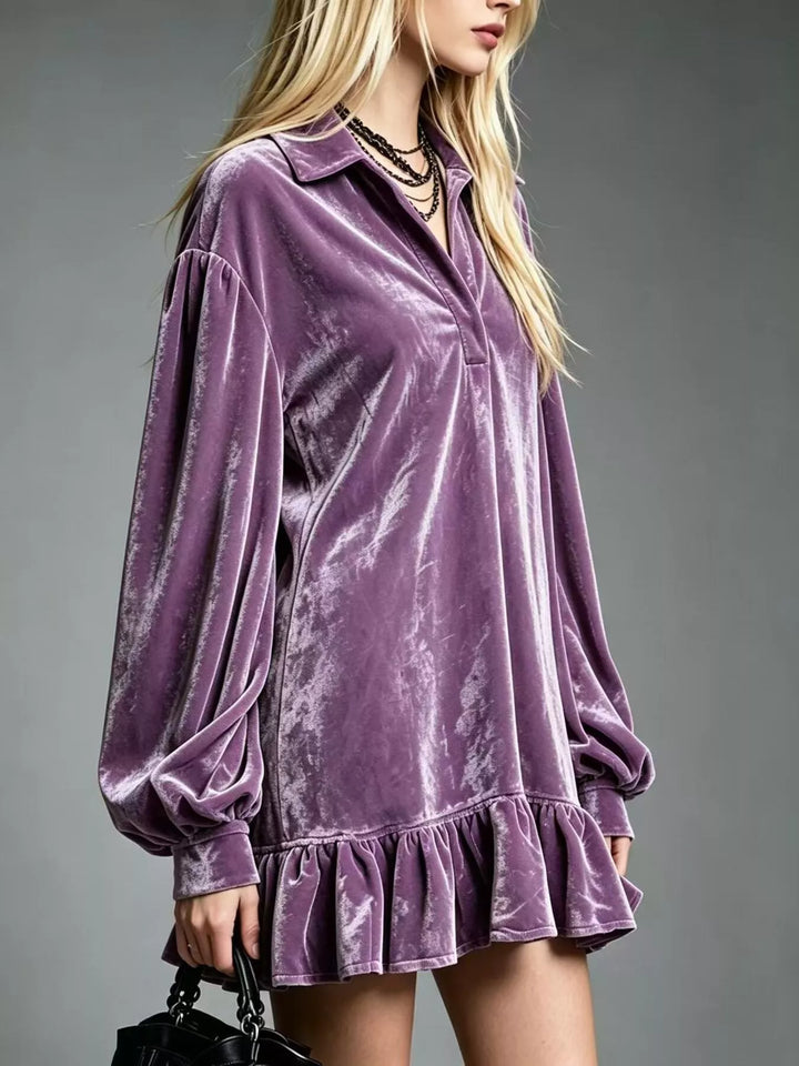 Velvet-look ruffle hem collar mini in mauve, styled on model