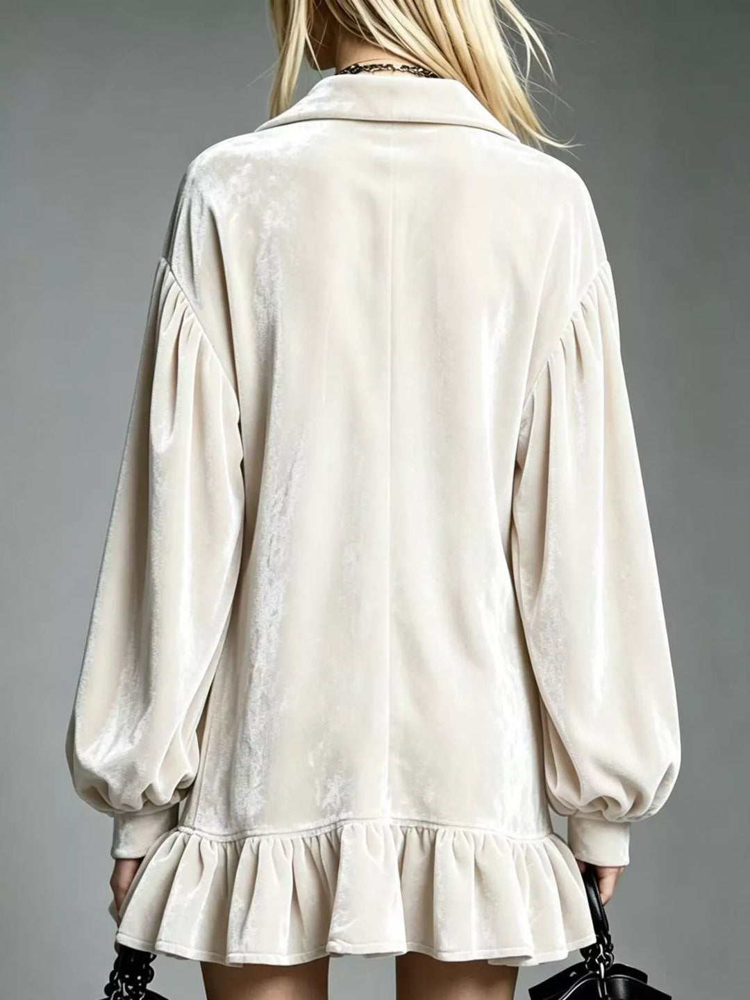 Velvet-look ruffle hem collar mini in white, back view