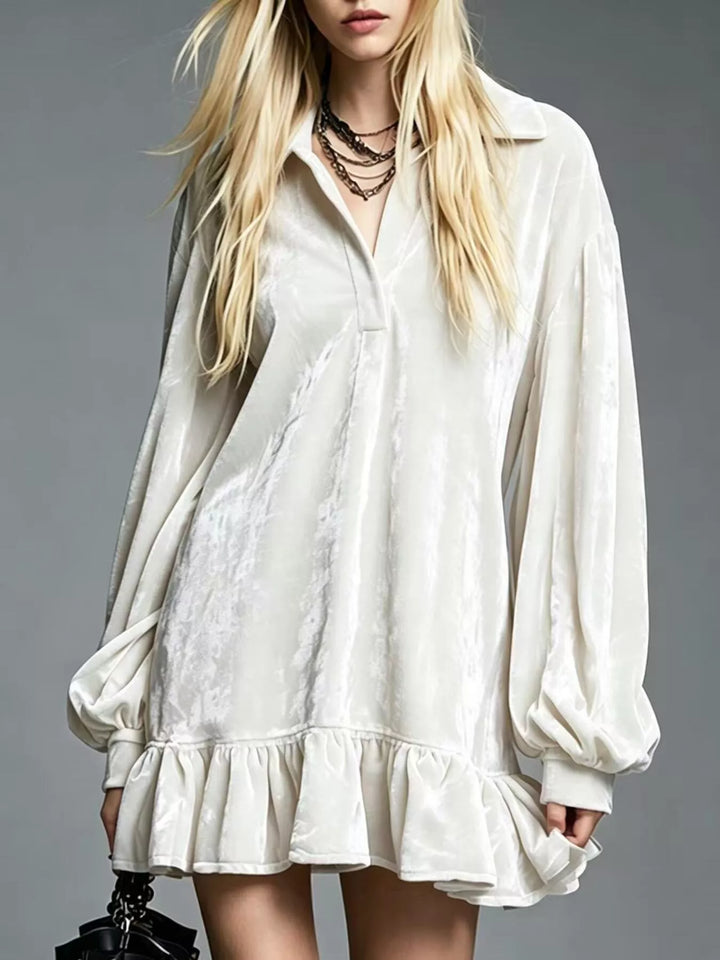 Velvet-look ruffle hem collar mini in white, front view