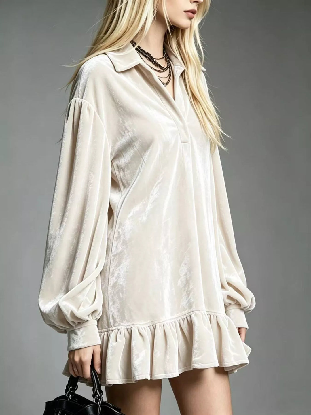 Velvet-look ruffle hem collar mini in white, styled on model
