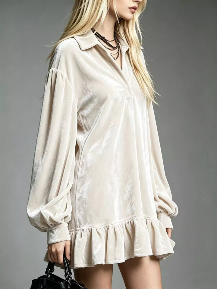 Velvet-look ruffle hem collar mini in white, styled on model