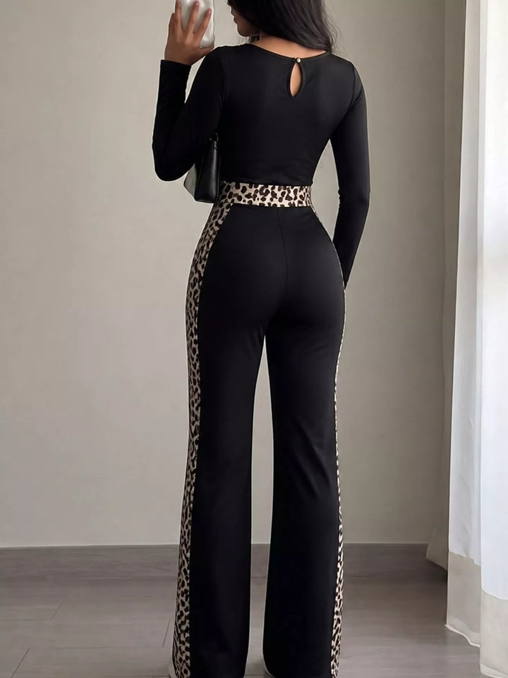 Leopard trim square neck keyhole back in black, back view