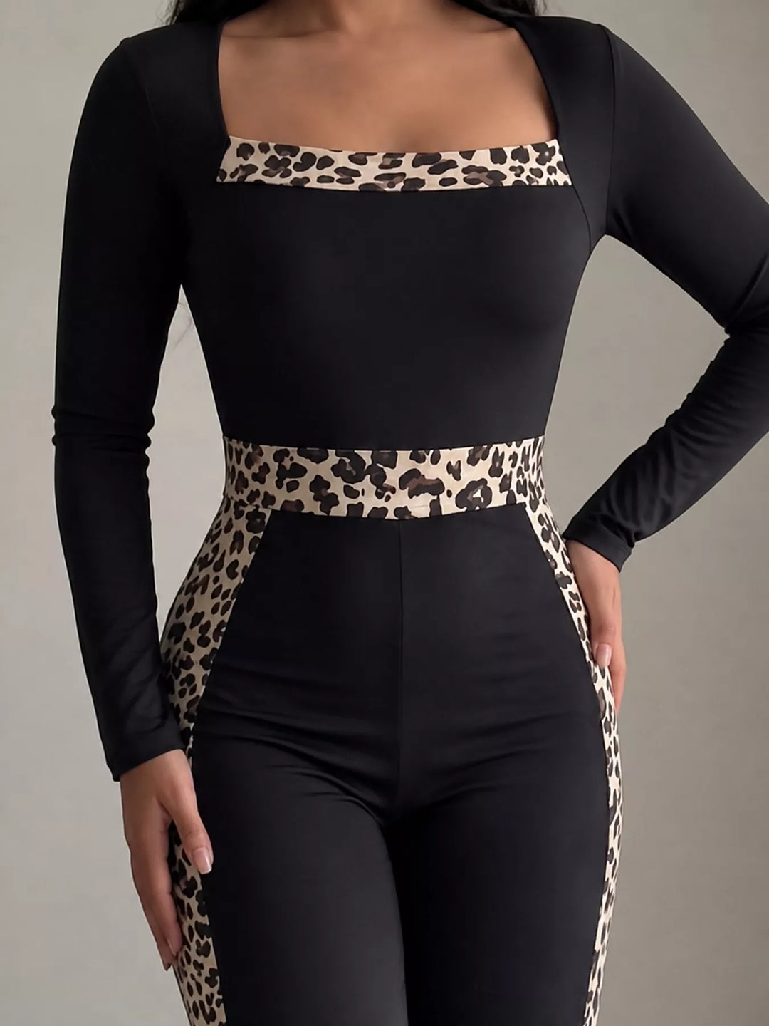 Leopard trim square neck keyhole back in black, close-up detail