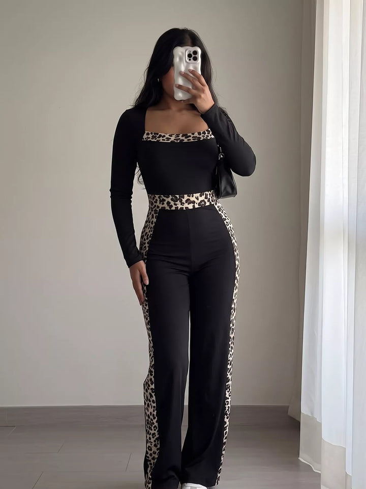 Leopard trim square neck keyhole back in black, styled on model