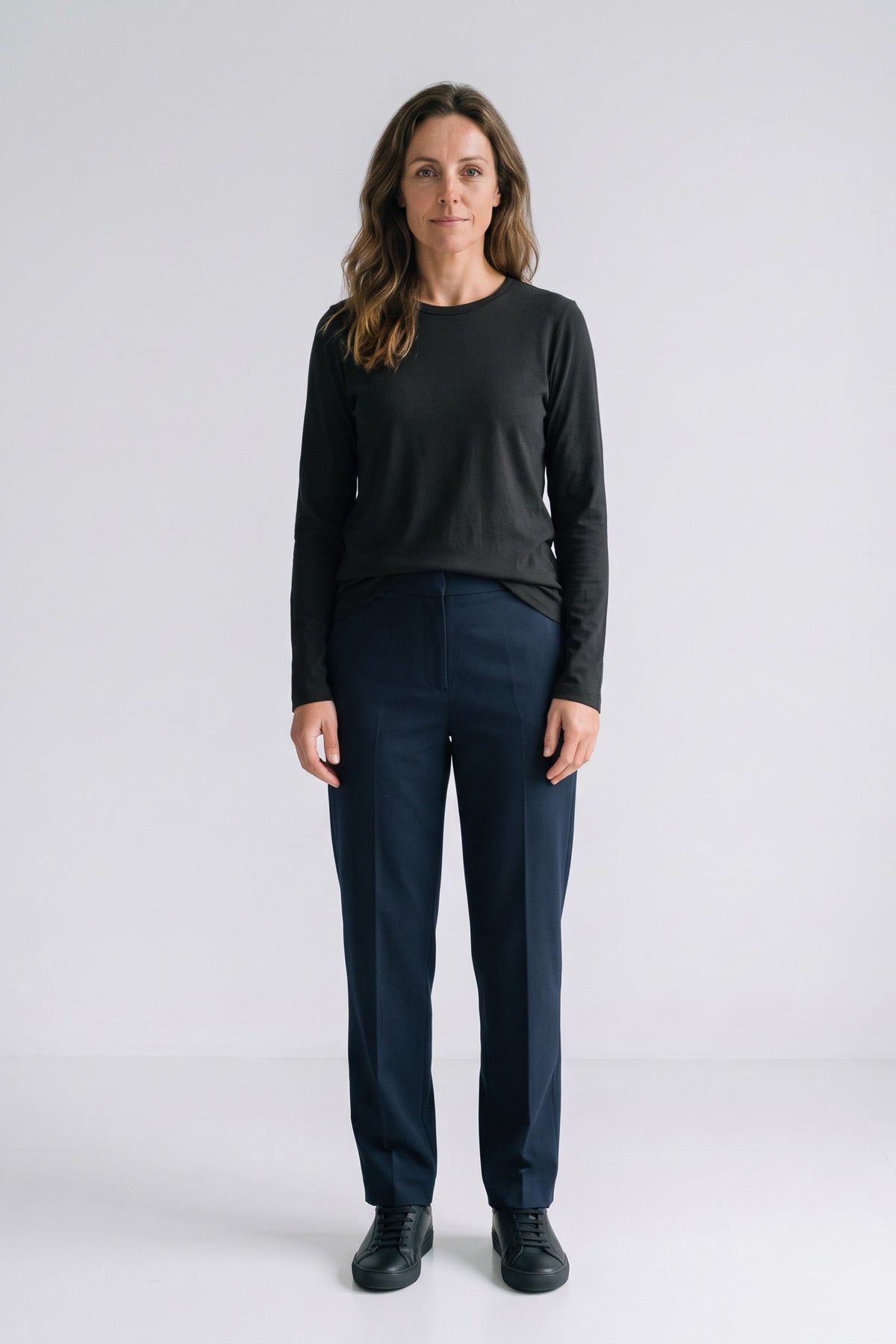 Women's Long Sleeve Shirt | Side Slits — Black — front view — on model