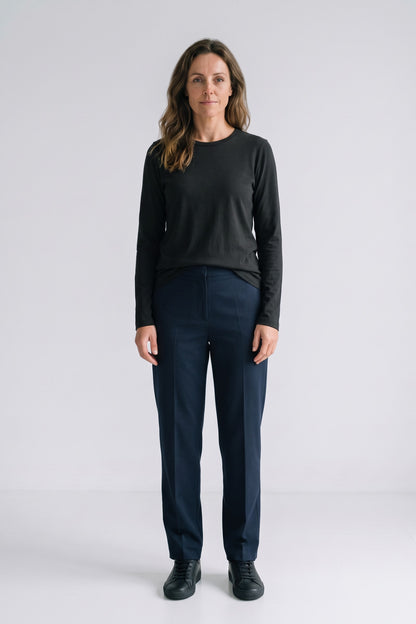 Women's Long Sleeve Shirt | Side Slits — Black — front view — on model