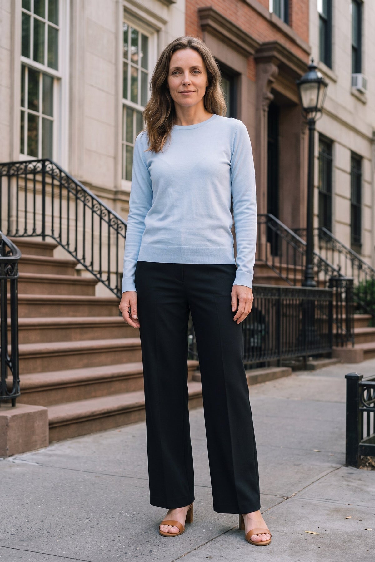 Women's Long Sleeve Shirt | Side Slits — Blue — lifestyle — on model
