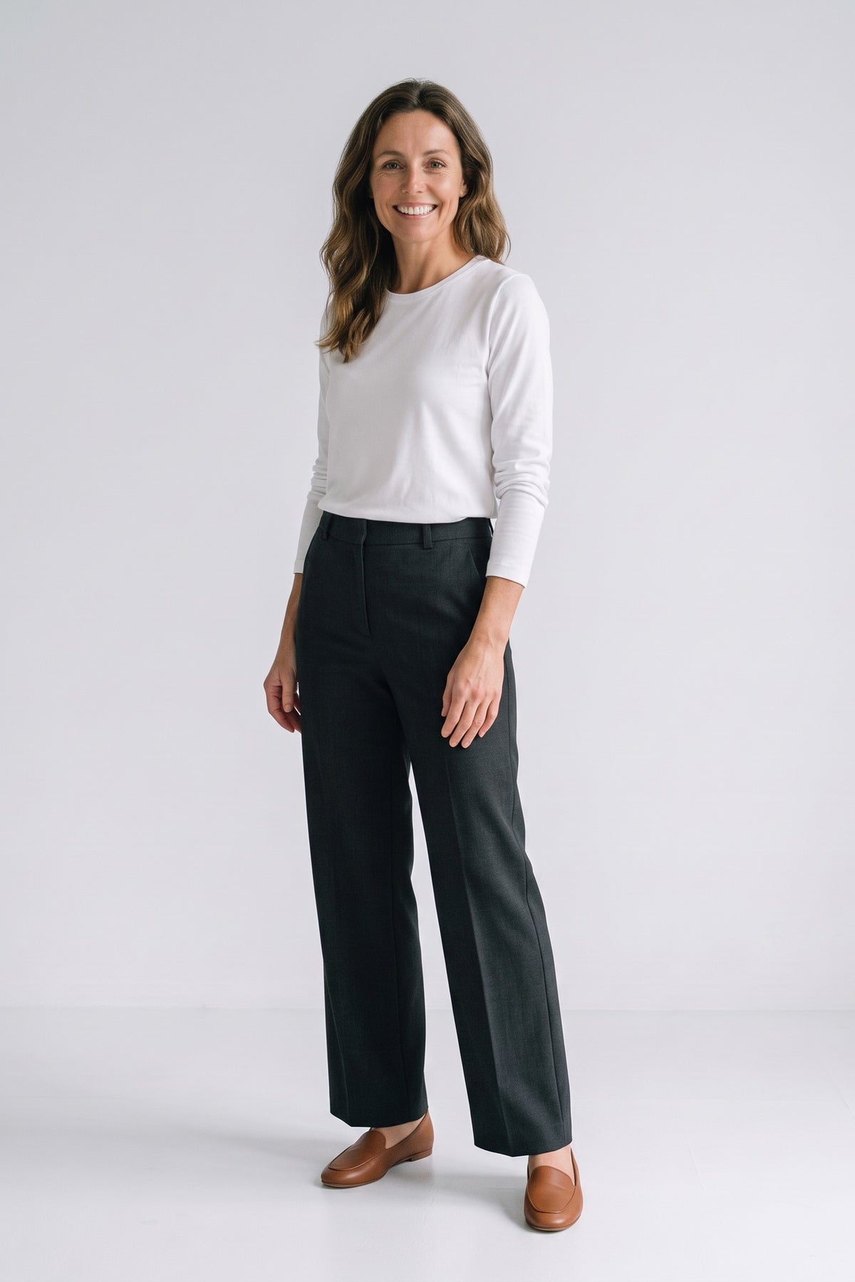 Women's Long Sleeve Shirt | Side Slits — White — front view — on model