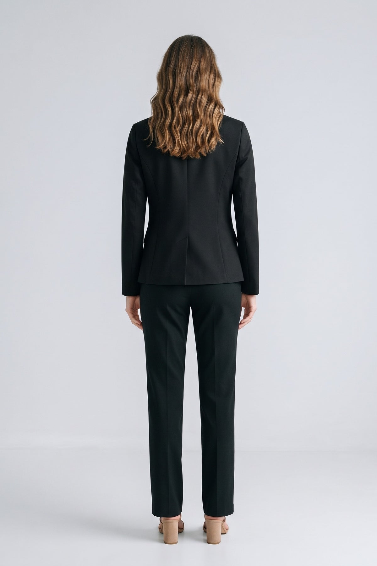 Women's Longline Blazer | Notched Lapel — Black — back view — on model